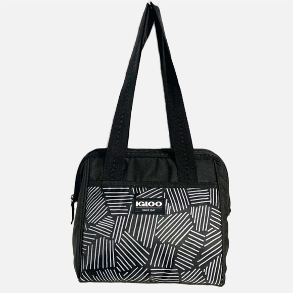Igloo Stripe Top Handled Zip Closure Insulated Lunch Cooler Bag Hash Pattern🖤🤍 - Picture 1 of 14